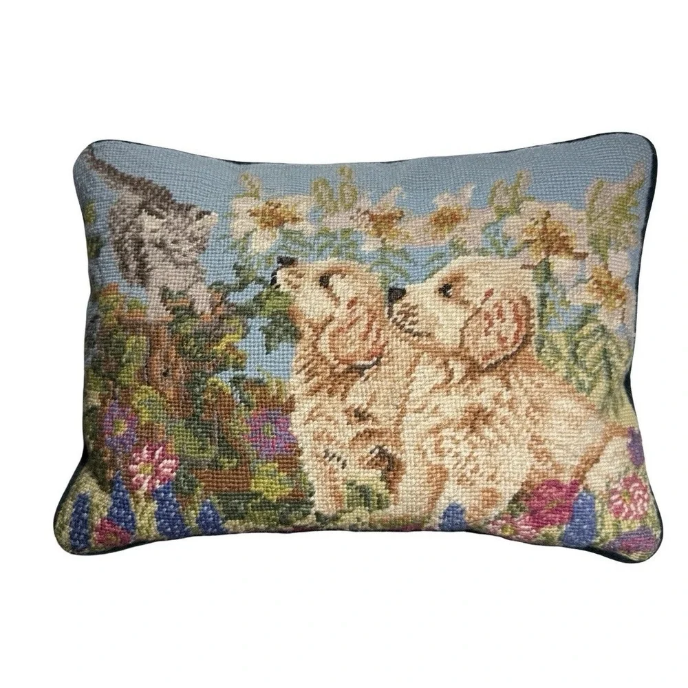 VTG Needlepoint Throw Pillow Golden Retriever Puppies Cat Floral Velvet Back